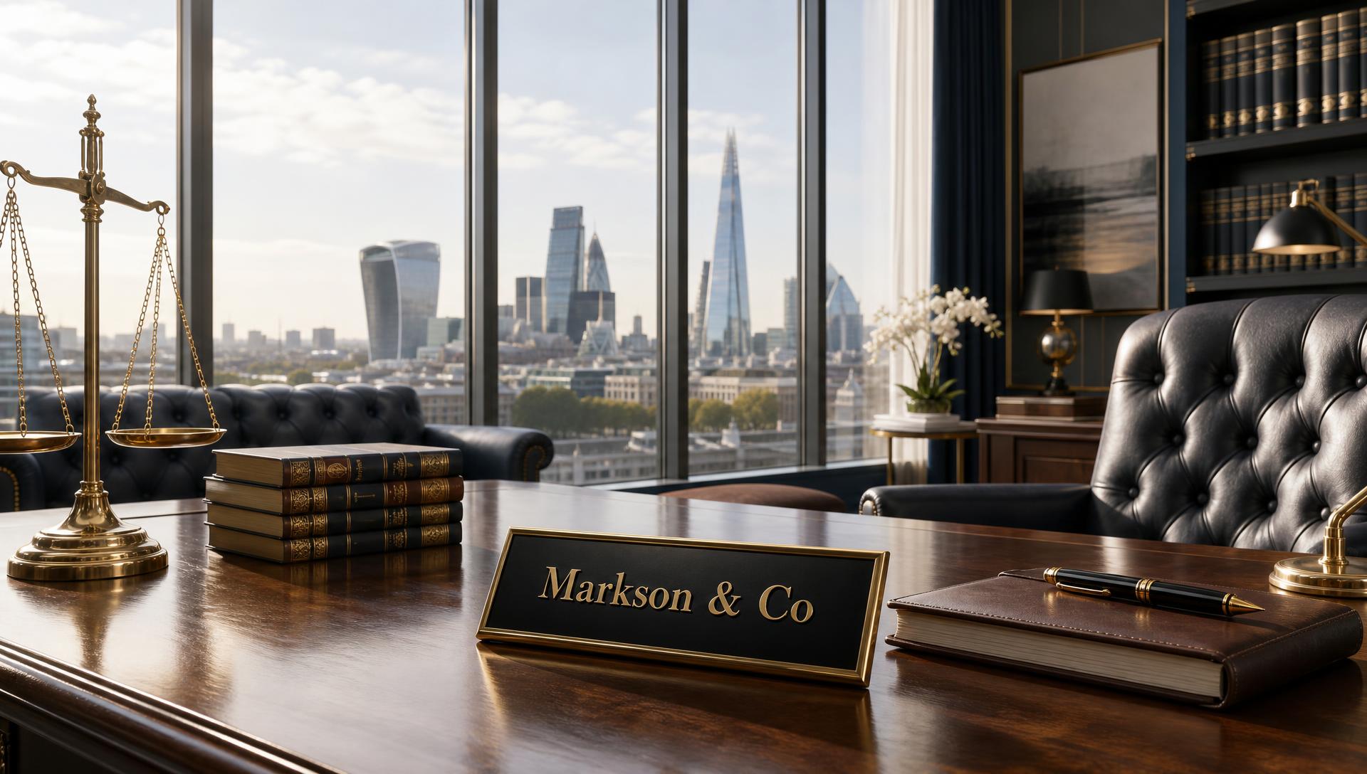 Boardroom of a London law firm overlooking the city skyline at dusk